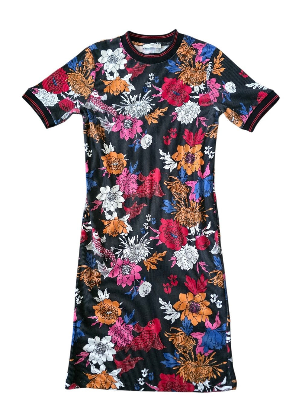 Zara Trafaluc Ribbed Floral Koi Fish Pencil Dress